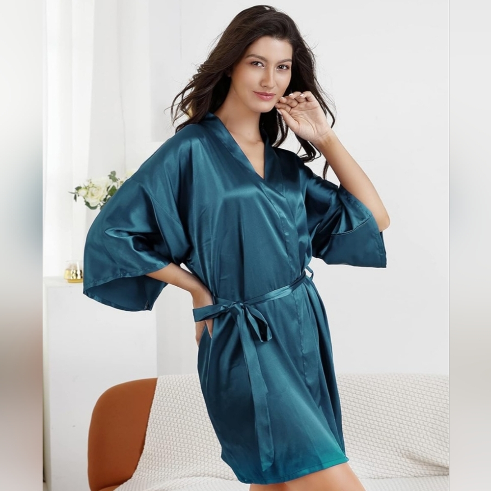 Elegant Teal Womens Silky Satin Kimono Robe Size XXL/XXXL